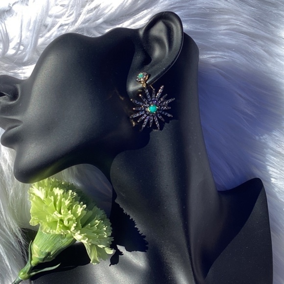 Adornia 14k Gold Plated Swarovski Crystal Turquoise Starburst Earrings - Picture 3 of 6